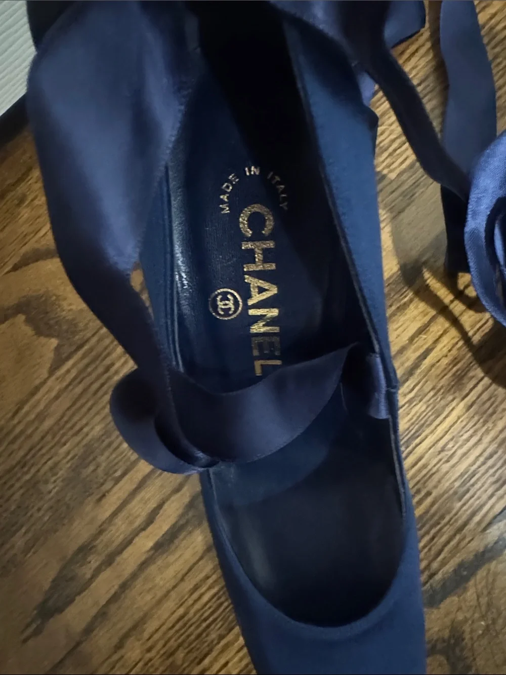 CHANEL/Navy Satin Ballet Tie Up The Ankle/4” Heels/NEVER WORN! VINTAGE! US 6.5!